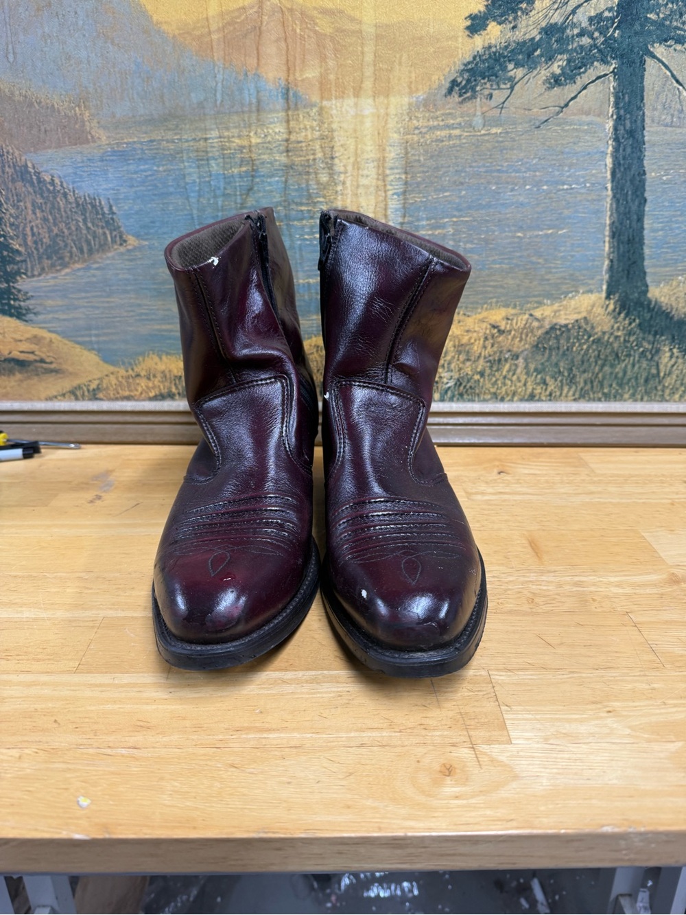 Double H, H0325541, Men's Burgundy Leather side zip Ankle Boots, size 11D